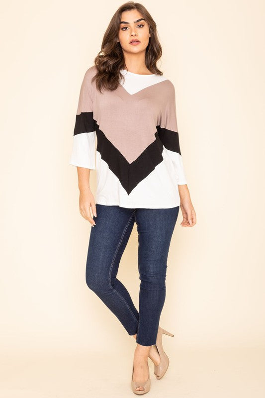 Chevron Bell Sleeve Color Block Top- 2 Colors