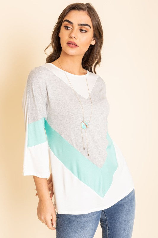 Chevron Bell Sleeve Color Block Top- 2 Colors