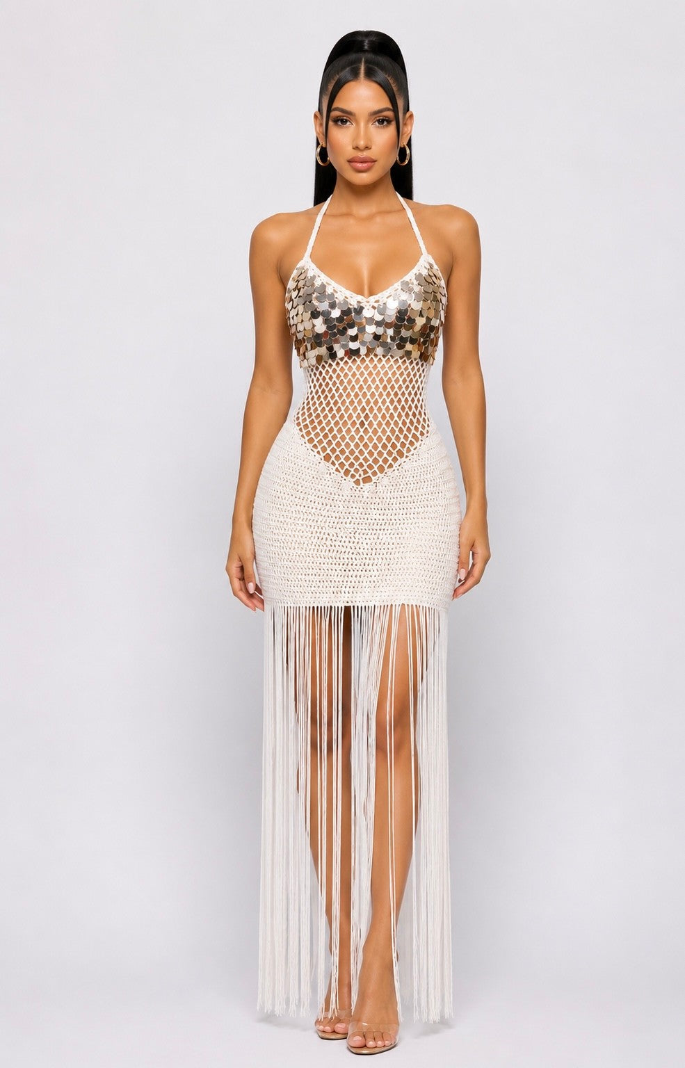 Crochet Fringe Resort Wear/Swimwear Coverup Dress- White