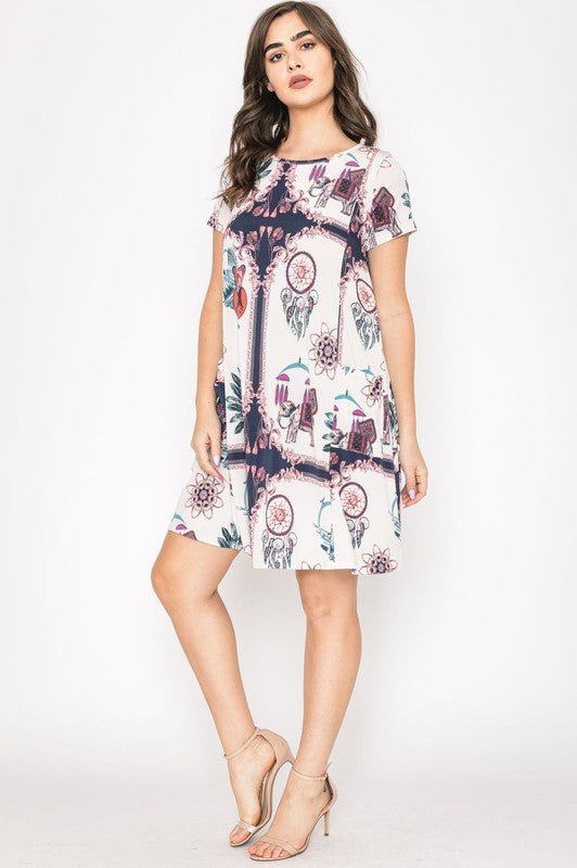Dream Catcher Print Shift Dress-2 Colors