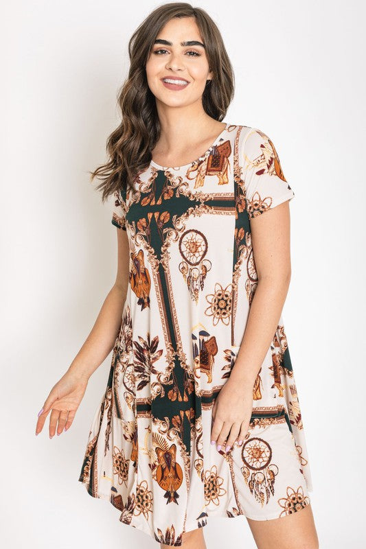 Plus Size  Dream Catcher Print Shift Dress-2 Colors