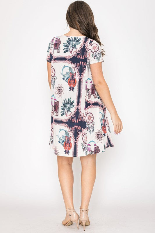 Plus Size  Dream Catcher Print Shift Dress-2 Colors