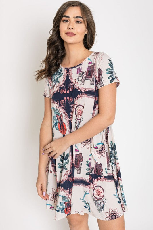 Plus Size  Dream Catcher Print Shift Dress-2 Colors
