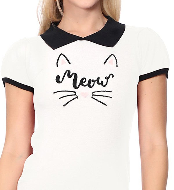 Meow Cat Jacquard Cap Sleeve Pullover Top-