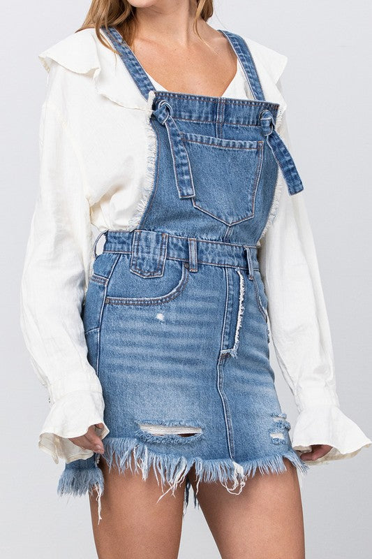 FRAYED DETAIL DENIM OVERALL DRESS