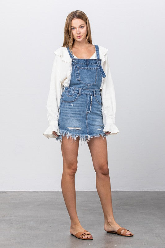 FRAYED DETAIL DENIM OVERALL DRESS