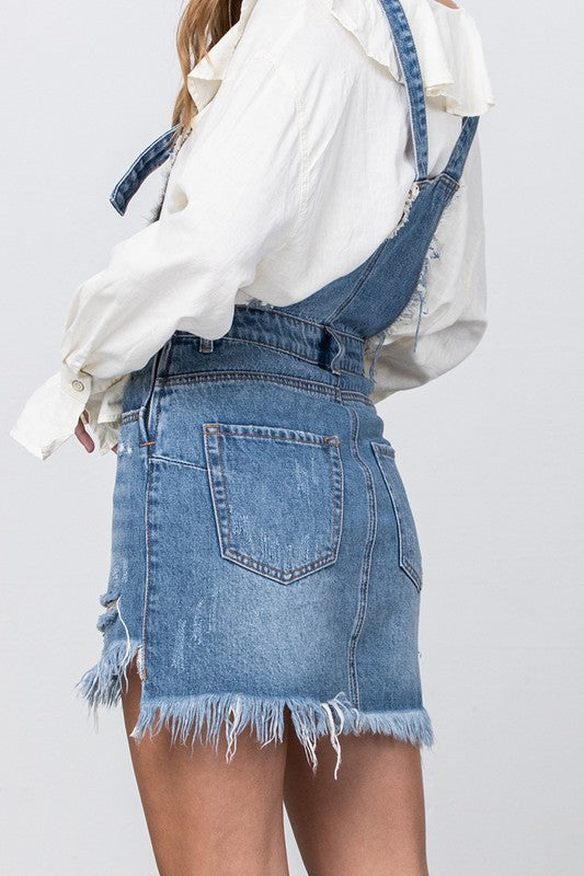FRAYED DETAIL DENIM OVERALL DRESS