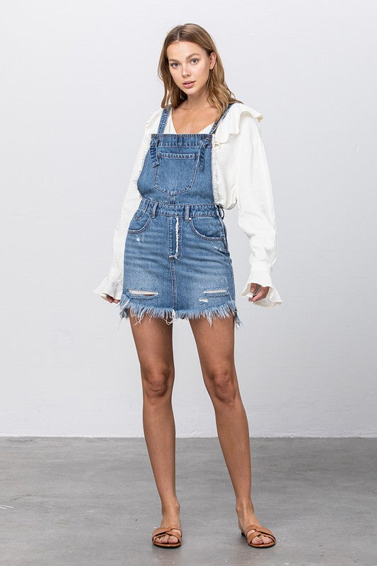 FRAYED DETAIL DENIM OVERALL DRESS