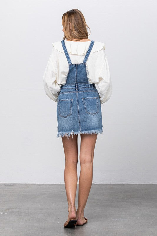 FRAYED DETAIL DENIM OVERALL DRESS