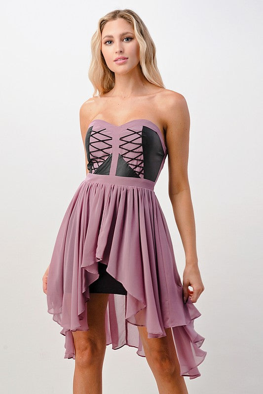 Vegan Leather Mix Tube Hi-Low Dress