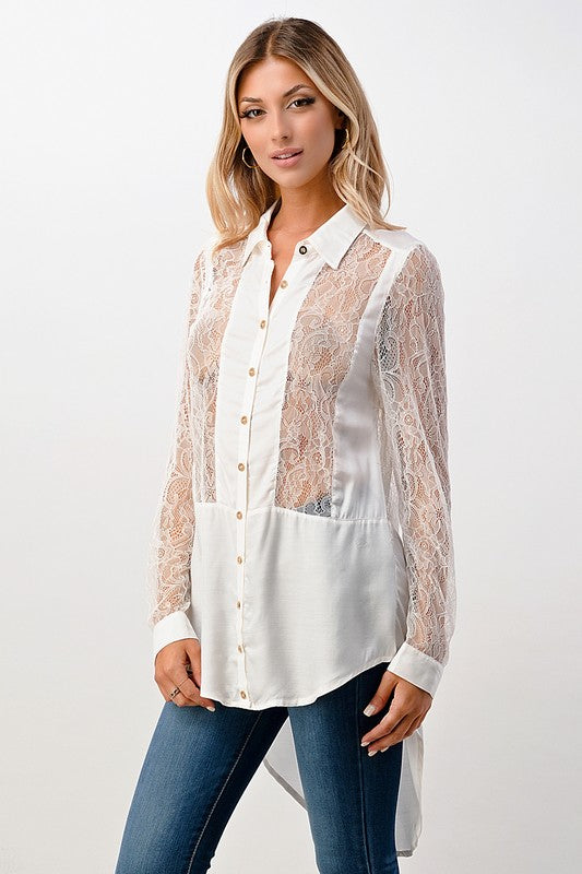 Silk Lace Panel Tunic Sage Shirt Top