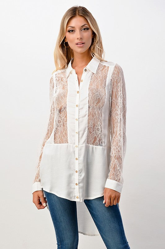 Silk Lace Panel Tunic Sage Shirt Top