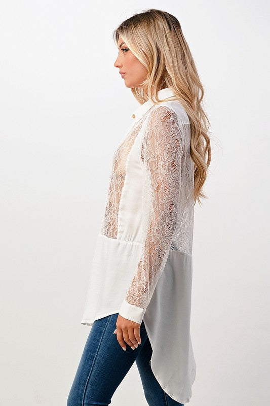 Silk Lace Panel Tunic Sage Shirt Top
