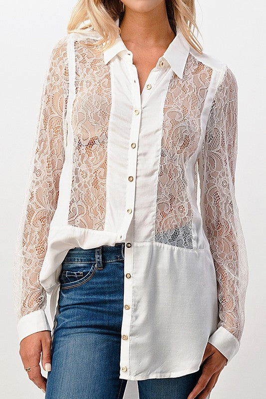 Silk Lace Panel Tunic Sage Shirt Top