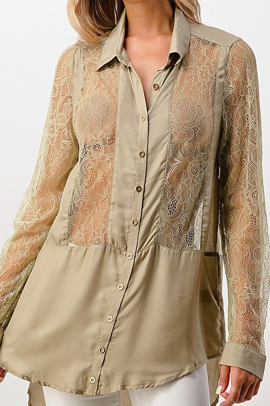 Silk Lace Panel Tunic Sage Shirt Top