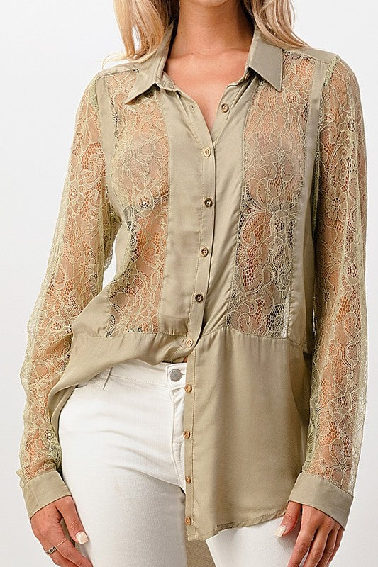Silk Lace Panel Tunic Sage Shirt Top