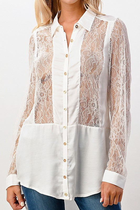 Silk Lace Panel Tunic Sage Shirt Top