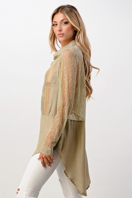 Silk Lace Panel Tunic Sage Shirt Top