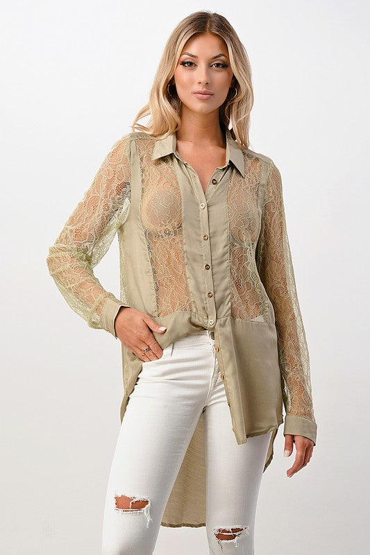 Silk Lace Panel Tunic Sage Shirt Top