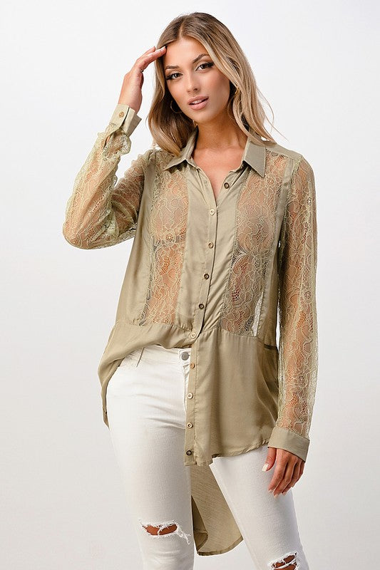 Silk Lace Panel Tunic Sage Shirt Top