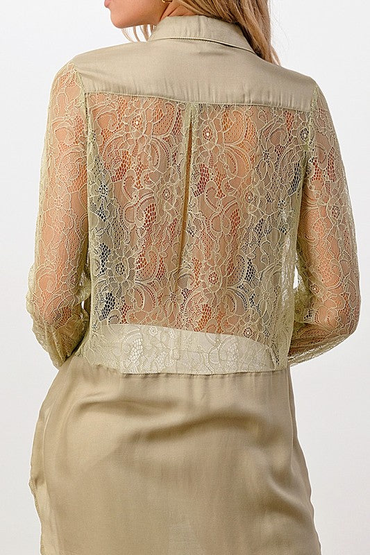 Silk Lace Panel Tunic Sage Shirt Top