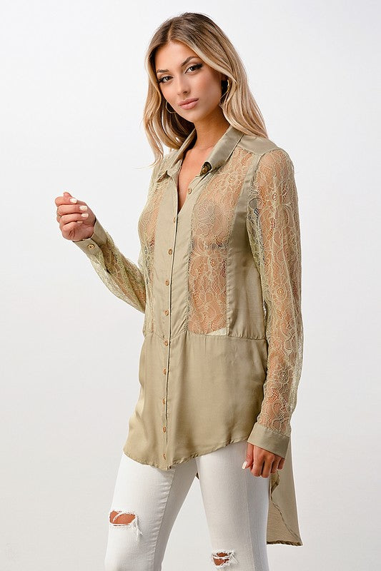 Silk Lace Panel Tunic Sage Shirt Top