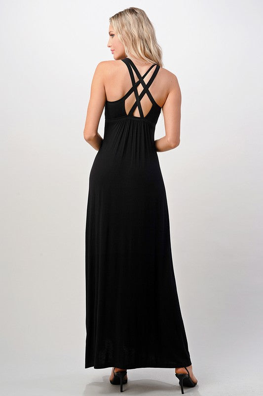 Criss Cross Double Strap Black Maxi Dress