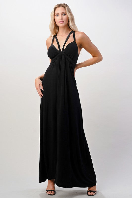 Criss Cross Double Strap Black Maxi Dress