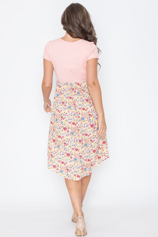 Cap Sleeve Contrast Floral Midi Dress With Pockets-2 Colors