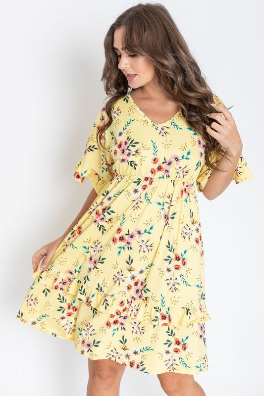 Floral V Neck Ruffle Dress-2 Colors