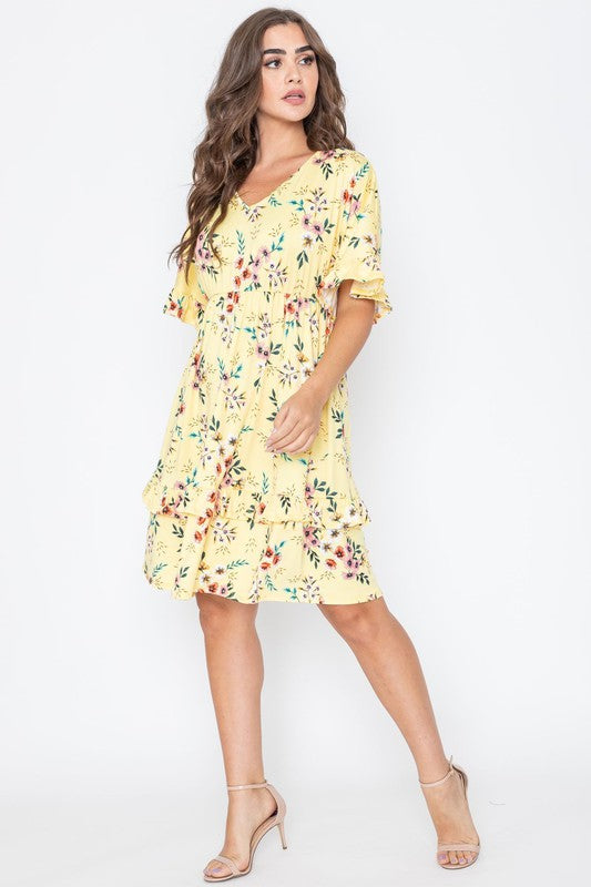 Floral V Neck Ruffle Dress-2 Colors
