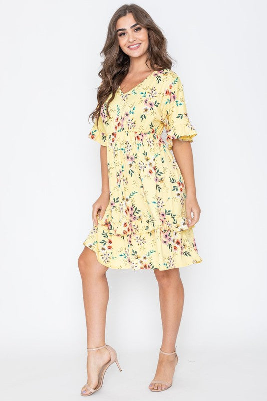 Floral V Neck Ruffle Dress-2 Colors