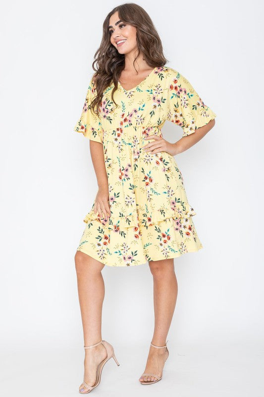 Floral V Neck Ruffle Dress-2 Colors