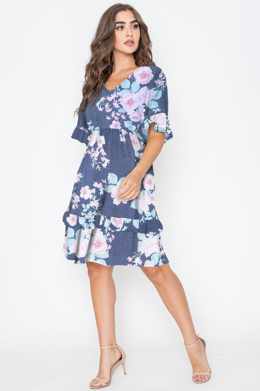 Floral V Neck Ruffle Dress-2 Colors