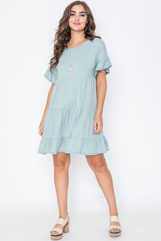 Plus Size Solid Ruffle Triple Tiered Midi Dress-3 Colors