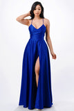 Open Side Back Spaghetti Zig Zag Tie Satin Gown- 10 Colors