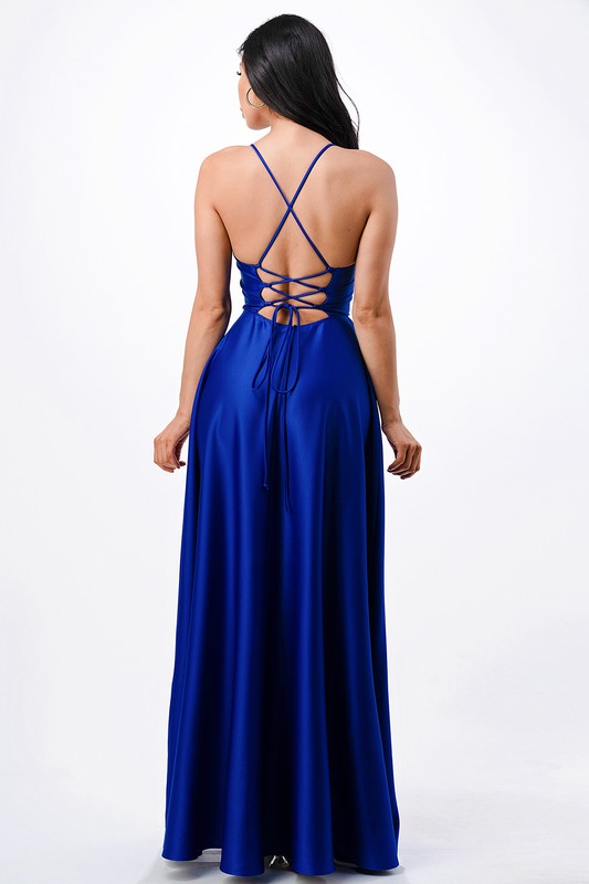 Open Side Back Spaghetti Zig Zag Tie Satin Gown- 10 Colors