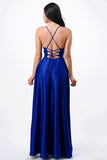 Open Side Back Spaghetti Zig Zag Tie Satin Gown- 10 Colors