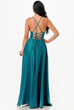 Open Side Back Spaghetti Zig Zag Tie Satin Gown- 10 Colors