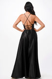 Open Side Back Spaghetti Zig Zag Tie Satin Gown- 10 Colors