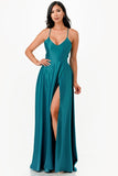 Open Side Back Spaghetti Zig Zag Tie Satin Gown- 10 Colors