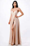 Open Side Back Spaghetti Zig Zag Tie Satin Gown- 10 Colors