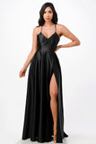 Open Side Back Spaghetti Zig Zag Tie Satin Gown- 10 Colors