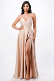 Open Side Back Spaghetti Zig Zag Tie Satin Gown- 10 Colors