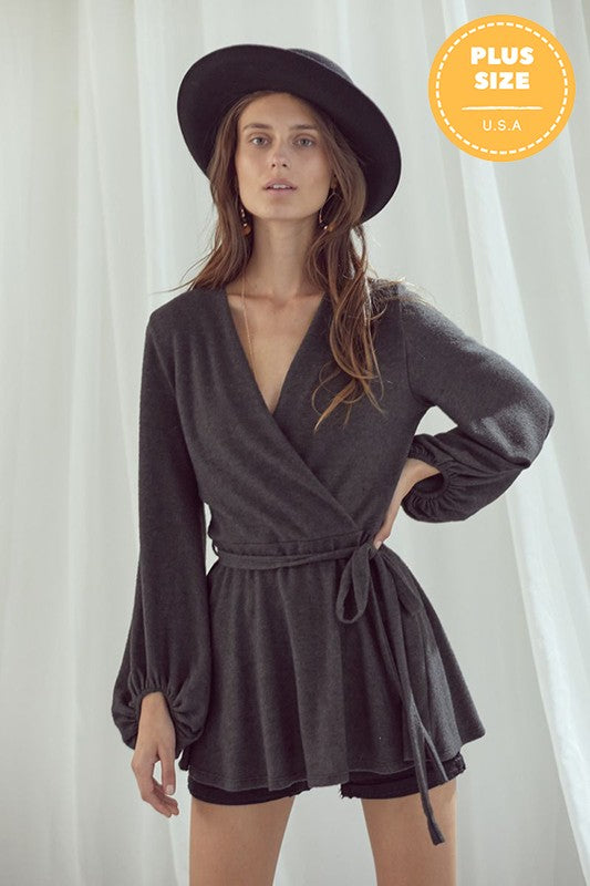 PLUS SIZE LONG BUBBLE SLEEVE WRAP TUNIC