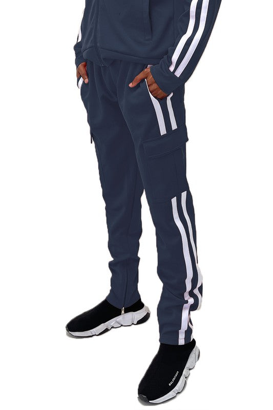 Men's Two Stripe Cargo Pouch Track Pants- 8 Colors