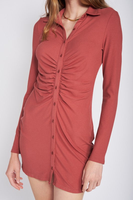 RUST RUCHED LONG SLEEVE DRESS