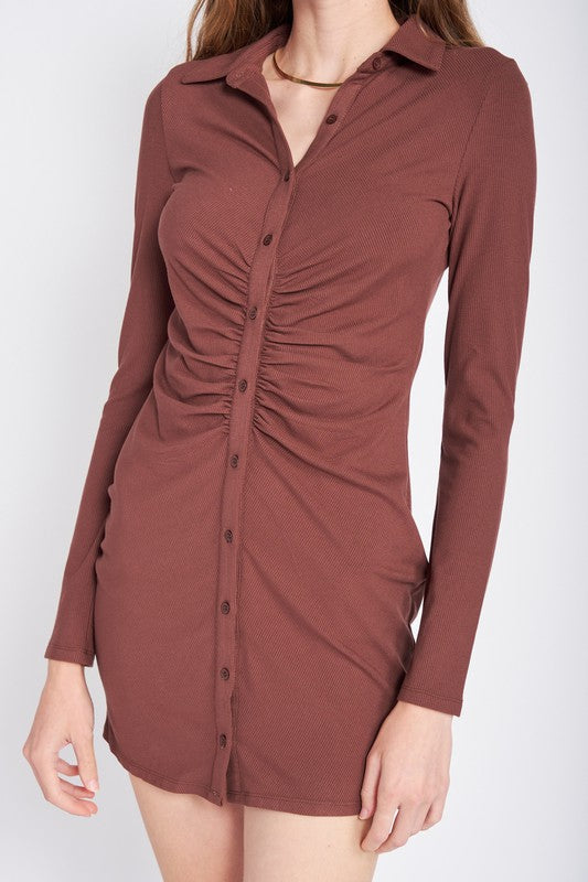 RUST RUCHED LONG SLEEVE DRESS