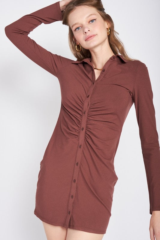 RUST RUCHED LONG SLEEVE DRESS