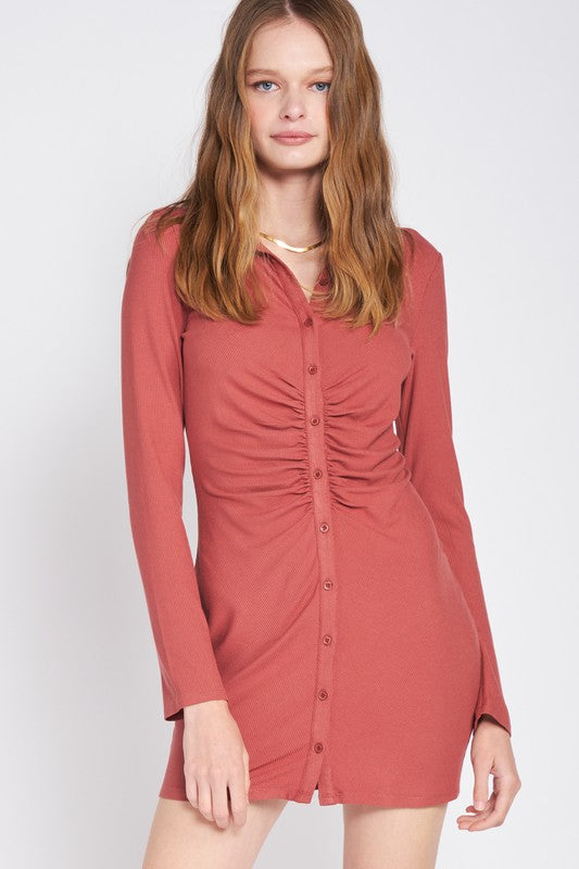 RUST RUCHED LONG SLEEVE DRESS